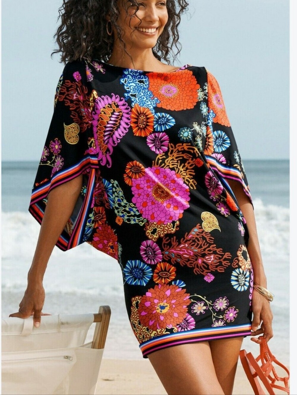Trina Turk Dolman Sleeve Mini Dress, Black W Bright Floral Pattern, Small